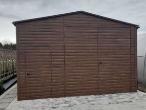 Hala magazynowa 5x10 | dwuspad | PROFIL ZAMKNIĘTY | kolor RAL 8017 MAT+ drewnopodobny ORZECH