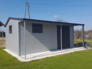 Domek ogrodowy z tarasem 3,5x5,5 | PROFIL ZAMKNIĘTY | kolor RAL 9006 srebrny + RAL7016 grafit