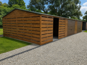 Garaż podwójny z wiatami | 16x6 | dwuspadowy | kolor drewnopodobny multigloss + RAL6020 zielony mat | FILC | PROFIL ZAMKNIĘTY